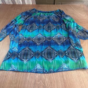 New Directions Blue Green Boho Dress L Lined Split Tie Sleeve